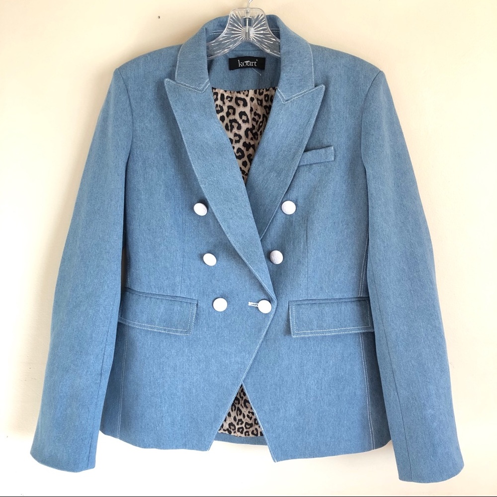 Kourt Double-Breasted Blue Denim Blazer NWOT